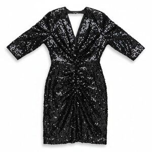 Vintage Morgan Taylor Silk Studio Black Sequin Silk Dress V-Neck Low Back Ruched